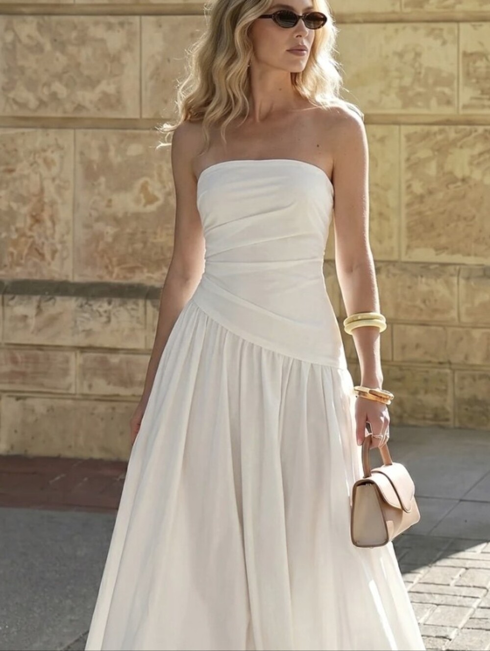 Commense Maxi Dress Strapless Ruched Flowy Invisible Detachable Straps M NWT